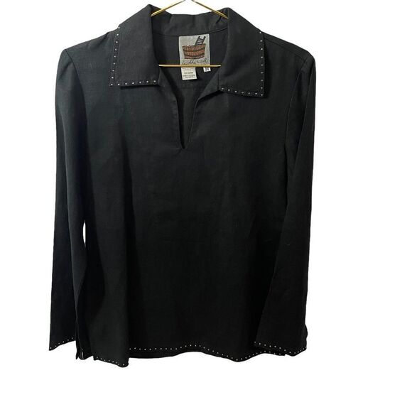 In the Wash Tops - In the Wash Black Studded Linen Long Sleeve Blouse Made in Moldova